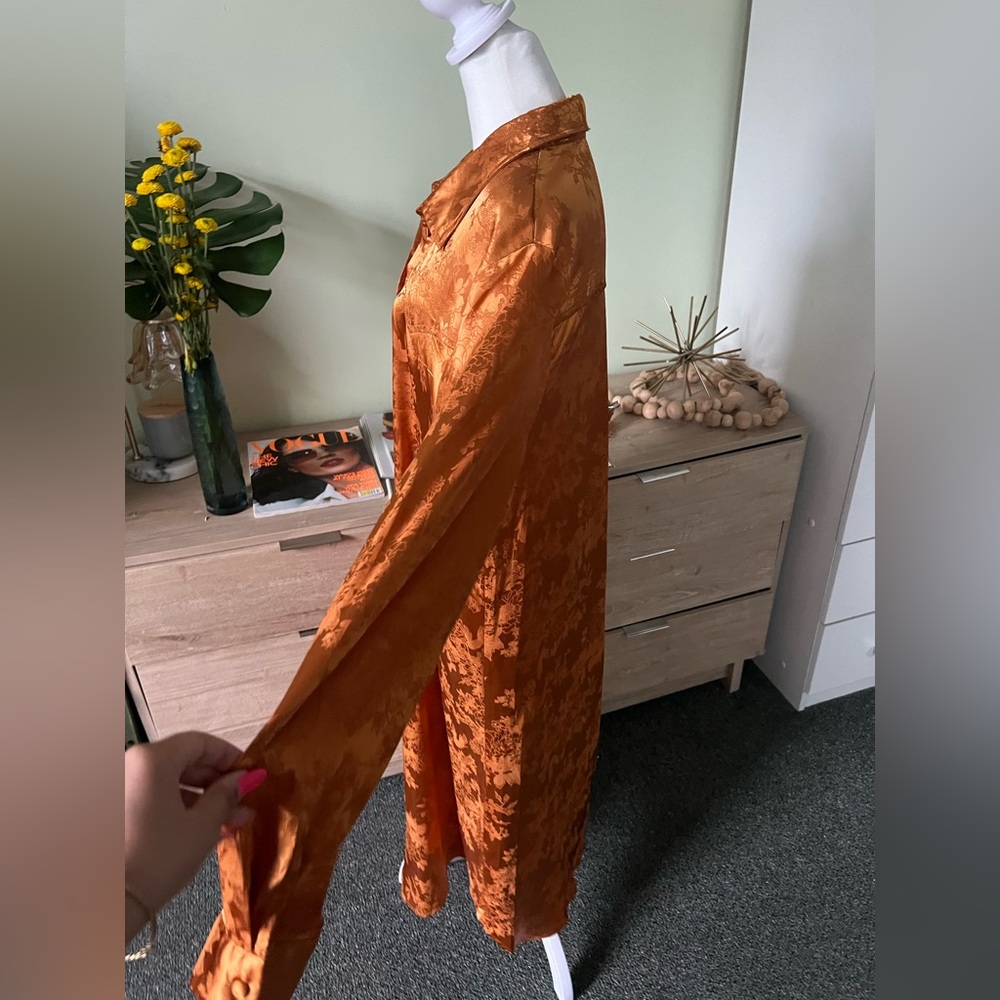 Metallic Copper Orange Floral Modest Long-Sleeve Button Down Shirt Flowy Dress - Picture 5 of 16